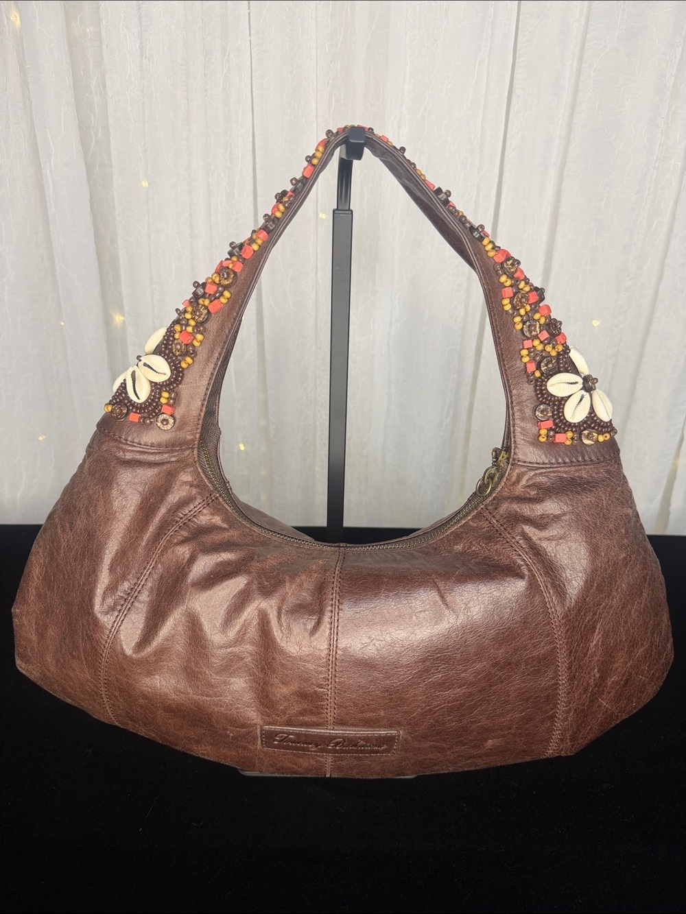 Tommy Bahama Brown Leather Shoulder Bag with Red & Orange Beaded Straps